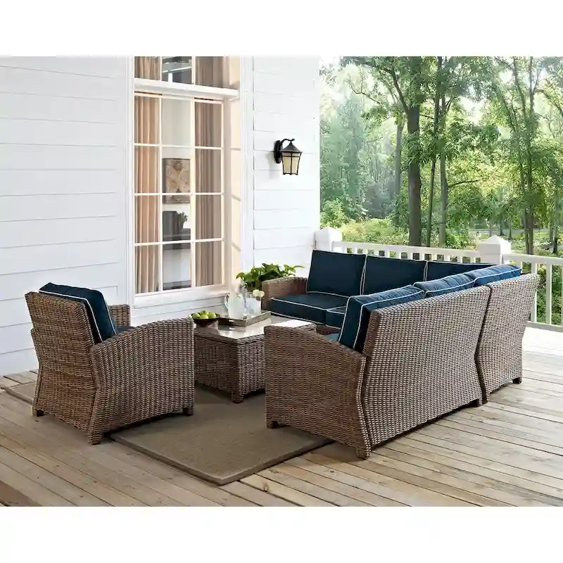 Crosley Bradenton 5-Piece Outdoor Wicker Seating Set with Navy Cushions