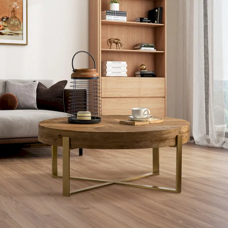 31 W Round Coffee Table With Fir Wood Table Top and Metal Frame End Table