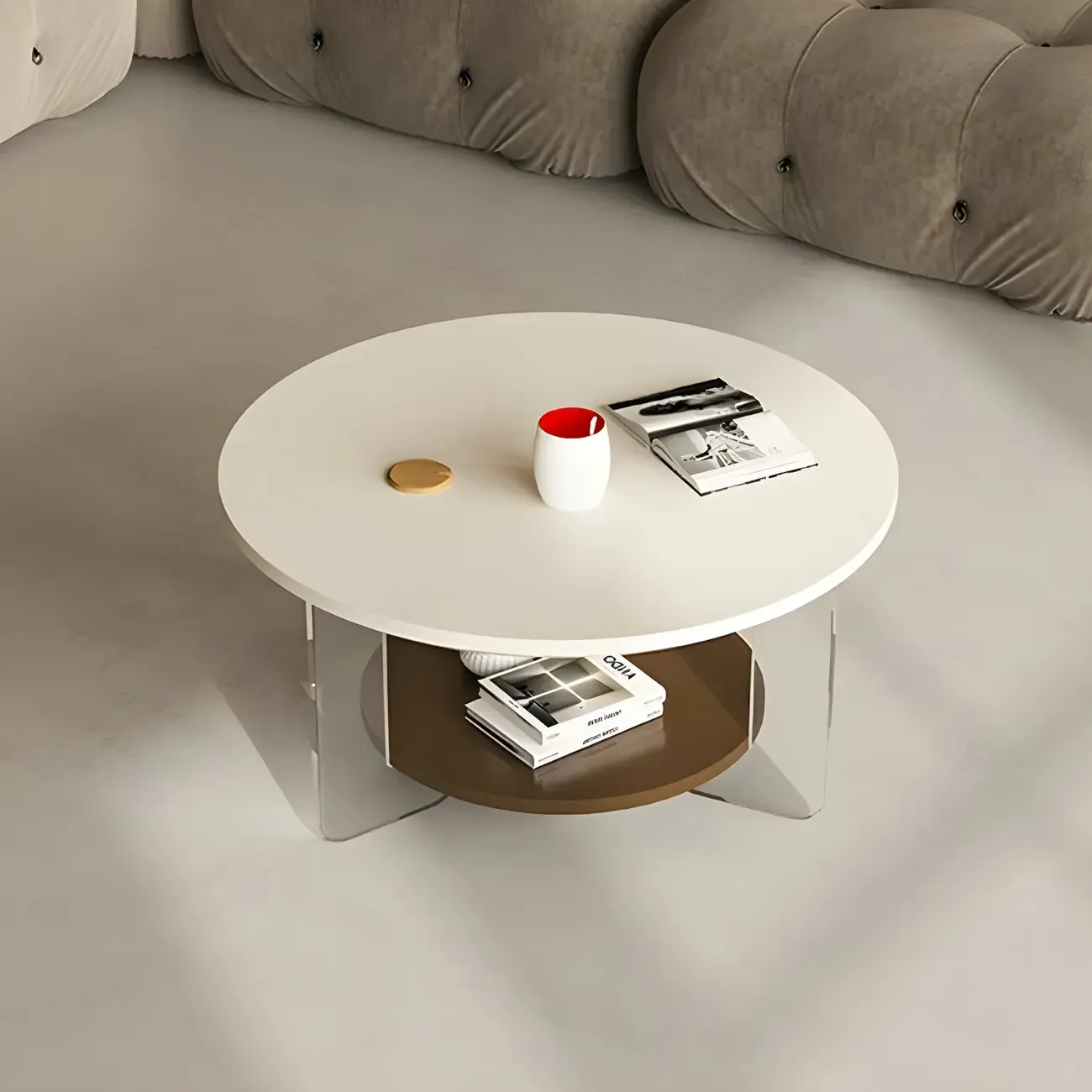 White Brown Wood Round Coffee Table with Shelf and Plastic Leg
