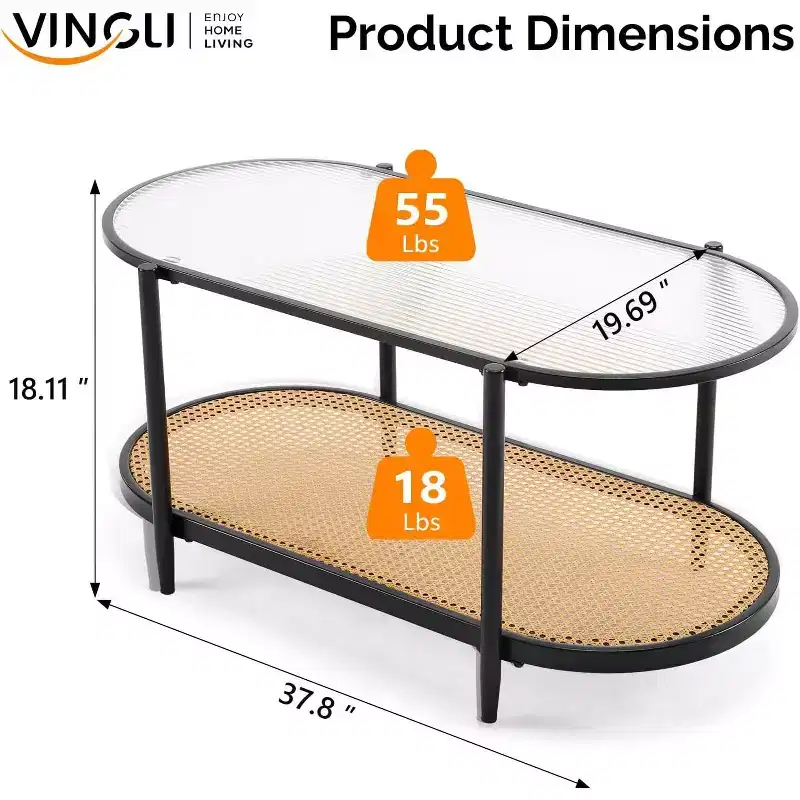 VINGLI 38 Oval Coffee Table with Rattan Shelf, Glass Metal Coffe Table, Skinny Coffee Tables with 2-Tier Storage, Modern Center Table