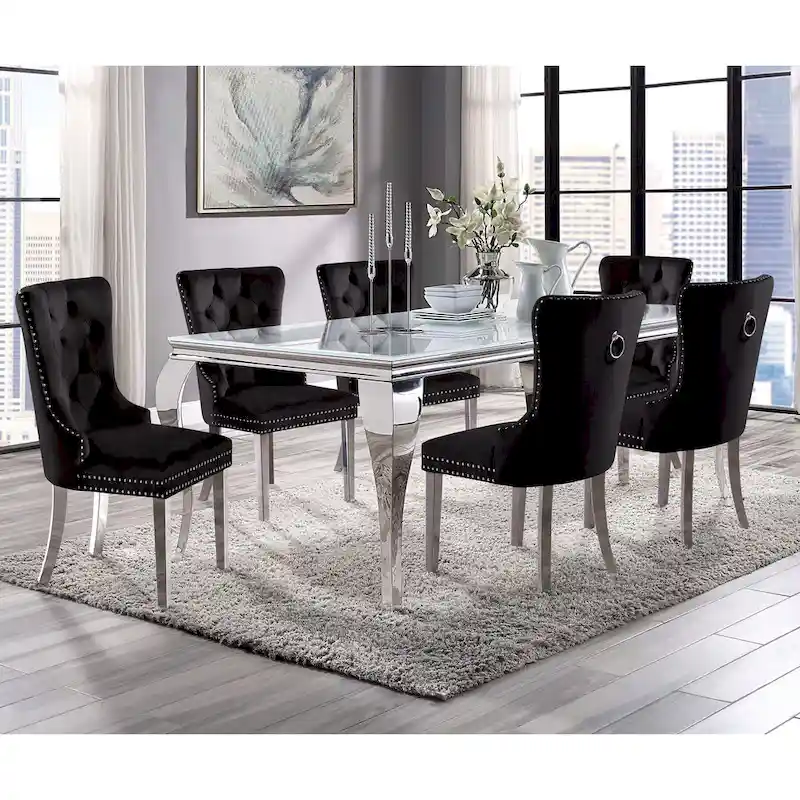 79-inch chrome-legged glass tabletop dining table