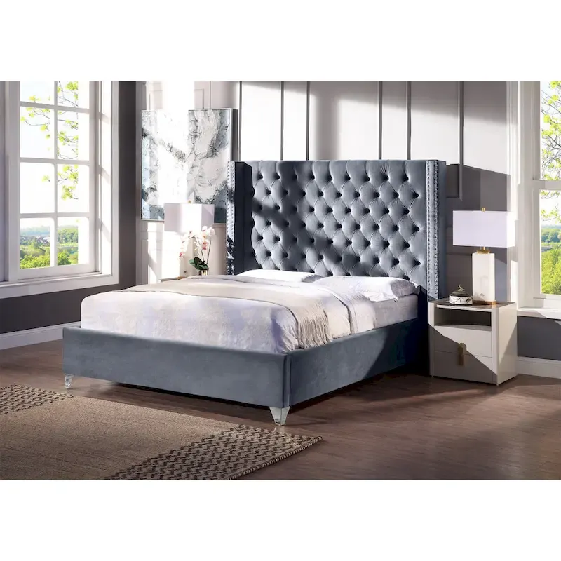 King Velvet Upholstered Bed with Deep Button Tufting