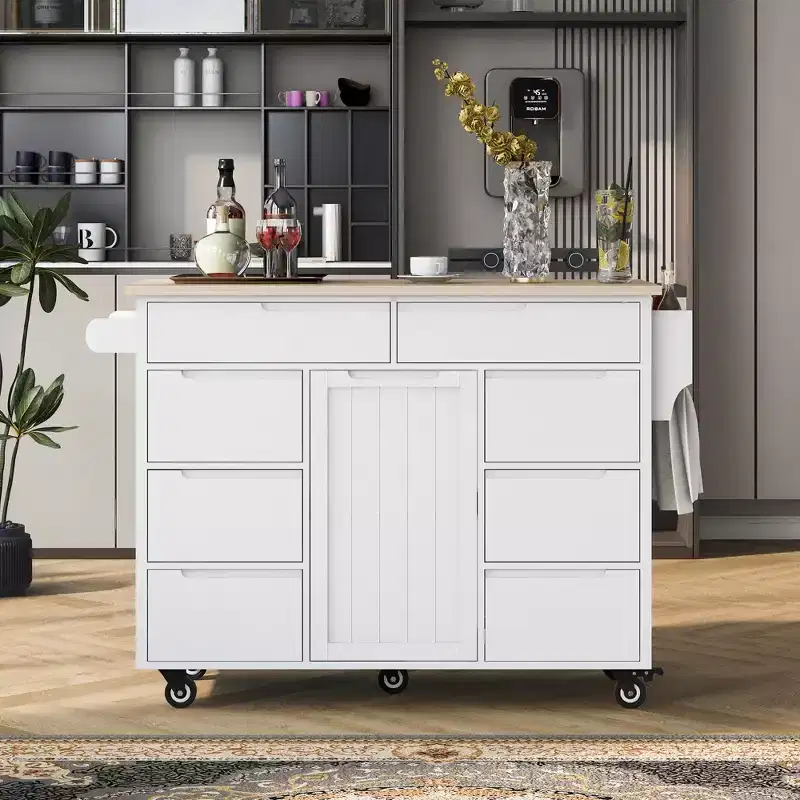 FAMYYT Rolling White Rubber Wood Countertop 53 in. Kitchen Island Cart with 8 Handle-Free Drawers, 5 Wheels