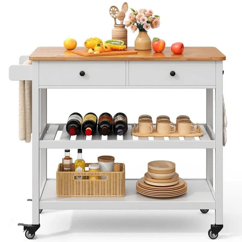 Kitchen Island Cart, Rolling Trolley Utility Cart on Wheels with 2 Drawers and 2 Open Tiers Storage Shelves