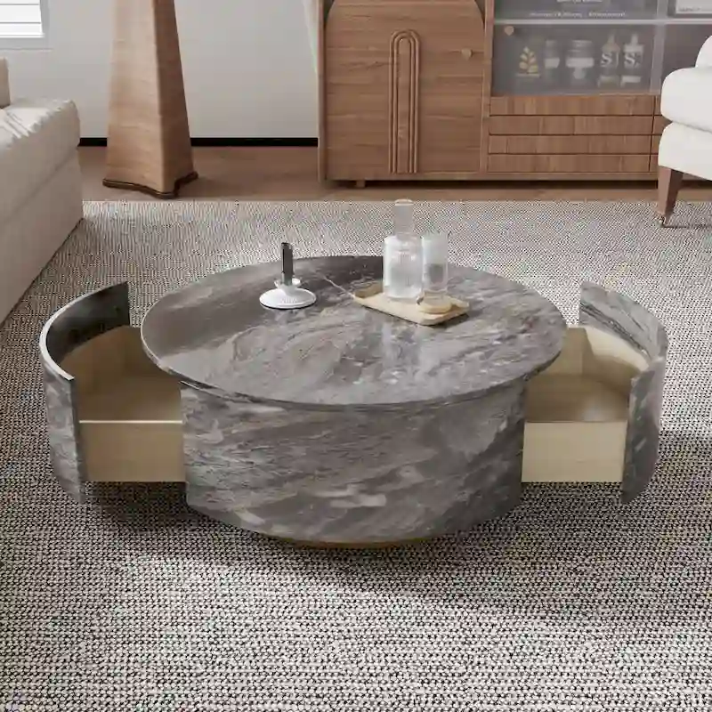 Modern Faux Marble Round Coffee Table Center Table with 2 Drawers, Fully Assembled
