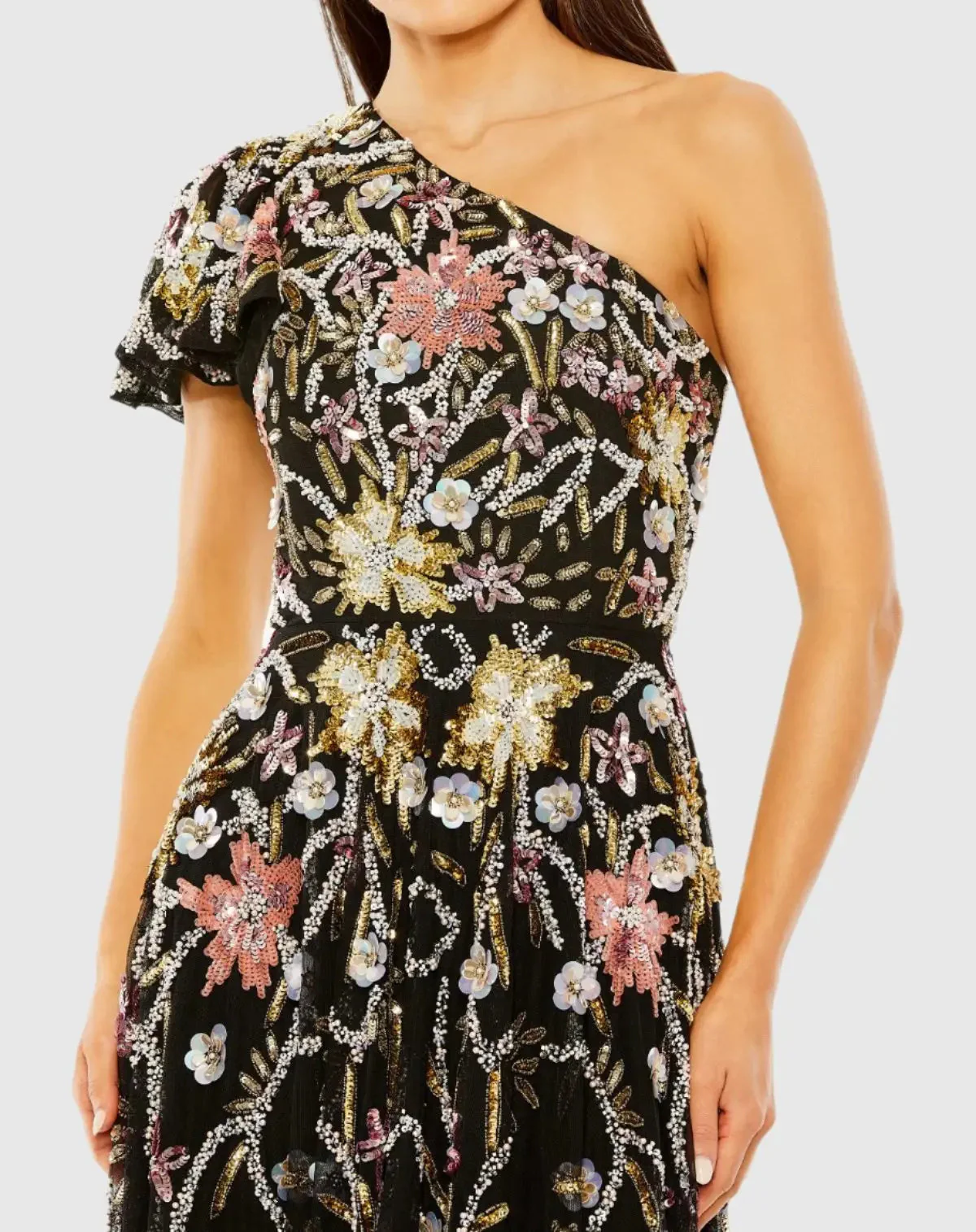 Black One Shoulder Beaded Floral Gown