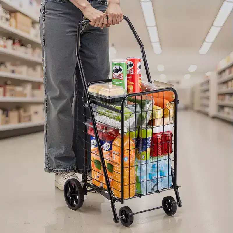 VEVOR Shopping Cart, Folding Grocery Utility Cart with Swivel Wheels, 90 LBS Large Load Capacity, Heavy Duty Rolling Laundry Basket Butler, Black