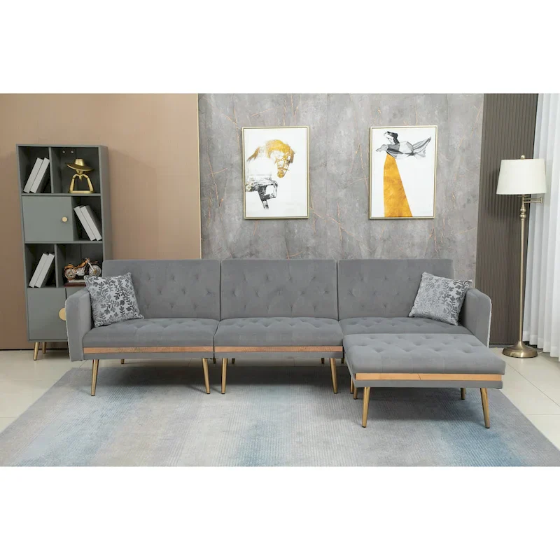 Polyester Upholstered Tufted Sleeper L-Shaped Sectional Sofa With Ottoman