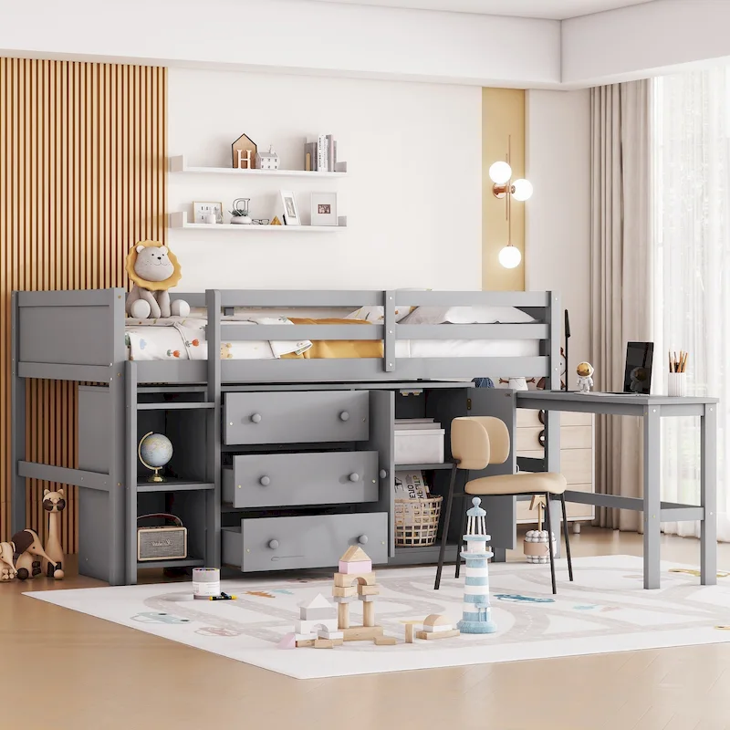 Grey Twin Wood Low Loft Bed with Pull-Out Desk & Drawers