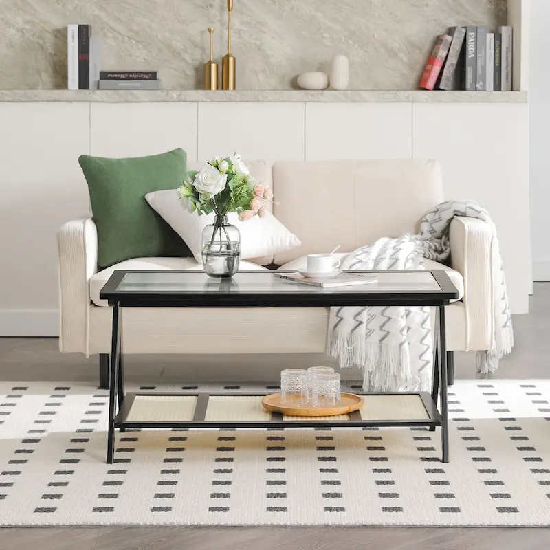 2-Tier Rectangular Coffee Table, Glass Top Sofa Table - 39.4L x 19.7W x 19.7D