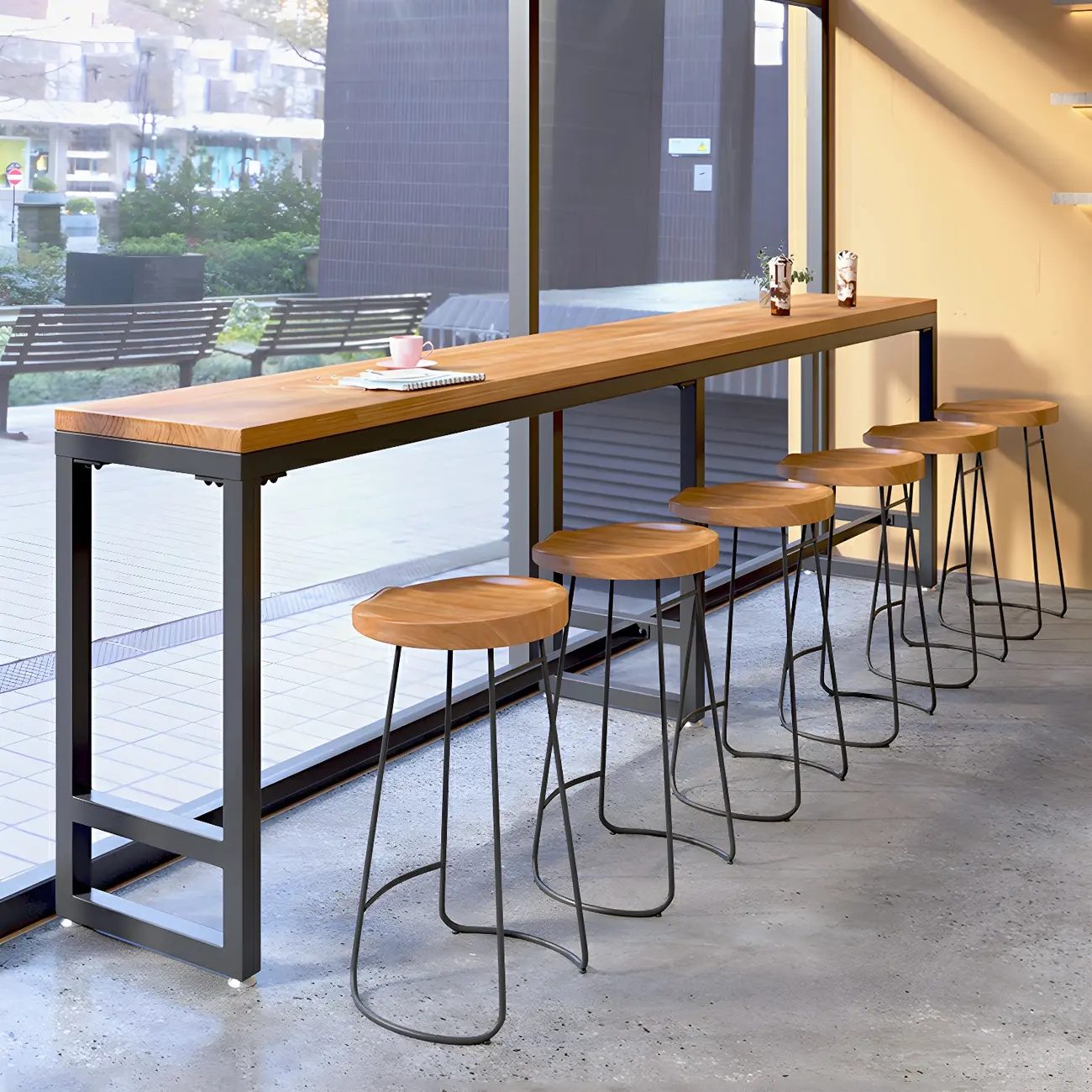 Modern Brown Wooden Iron Trestle Base Bar Table