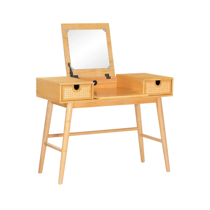 Natural Wooden Vanity with 2 Cane Drawers