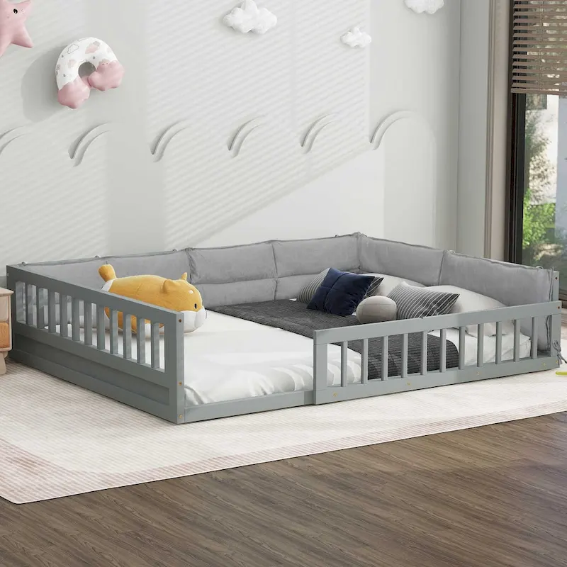 Grey/Beige Full Size Platform Bed with Guardrails & Pillow, 1-Person