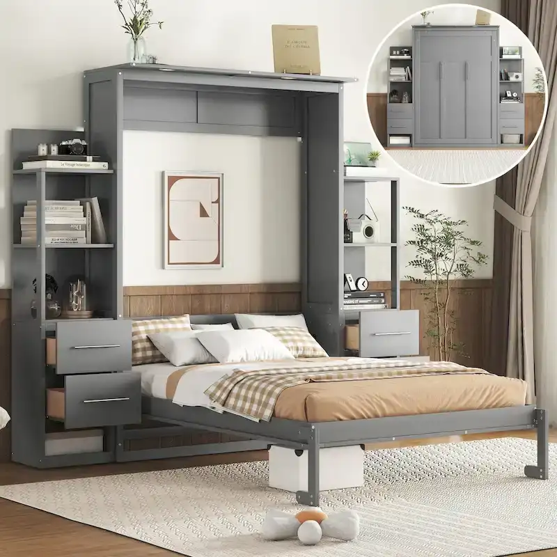 Full Size Murphy Wall Bed with Cabinet, Shelves, Drawers and LED Lights