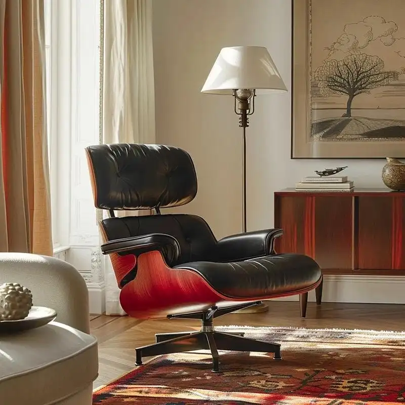 Mid-century Full Grain Leather Accent Chaise Lounge Chair and Ottoman