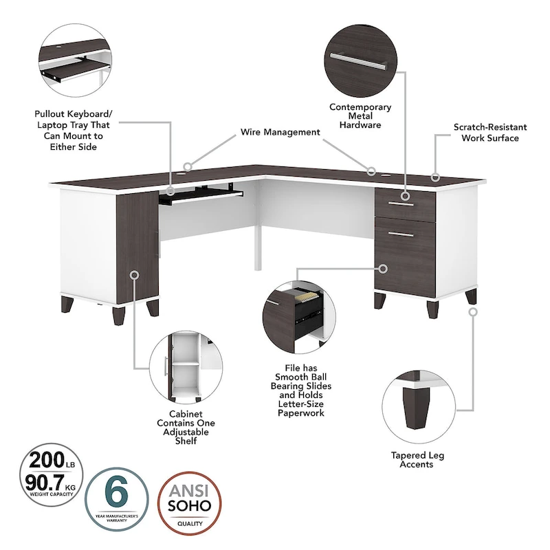 Somerset 72W L Shaped Desk with Hutch, Cabinet and Bookcase in Gray