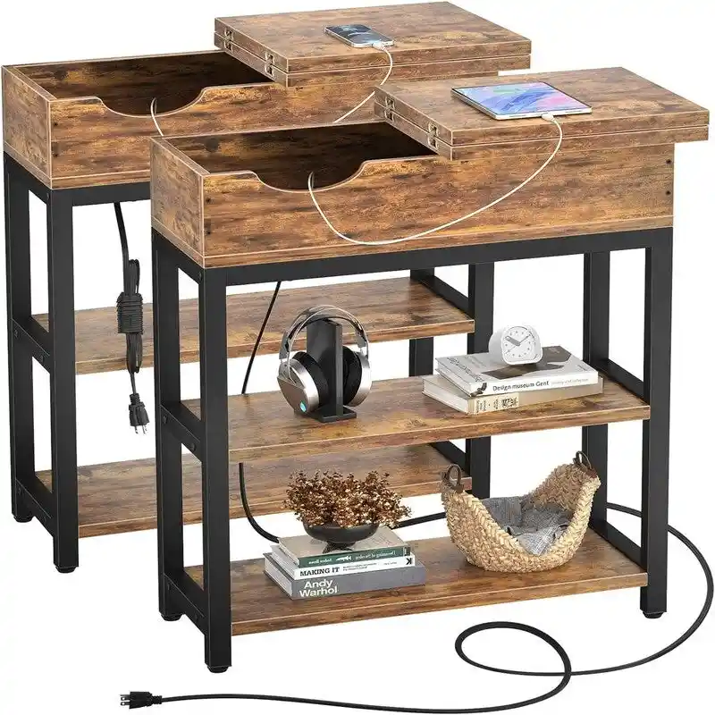 Rustic Brown / Black / Black Oak Industrial End Table with Charging Station, Drawer & 2-Tier Shelf – Single