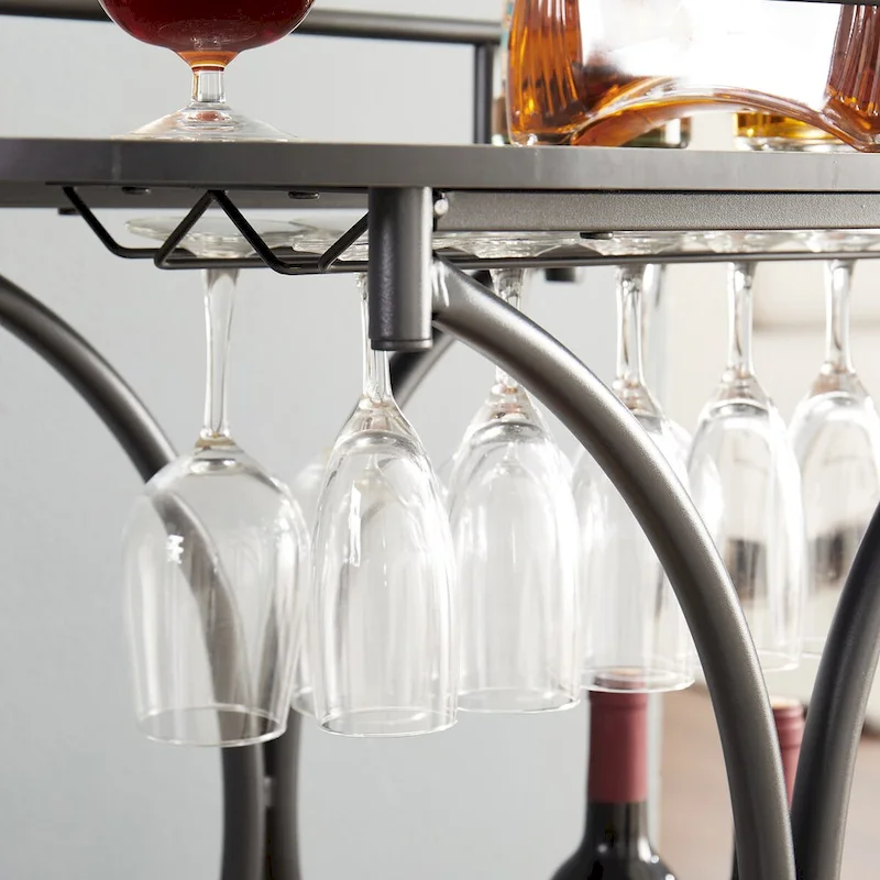 Black Wood Kitchen Cart with Wine Rack & Glass Holder Beverage Cart 2-Tier Mobile Bar Serving Cart Rolling Drink Trolley