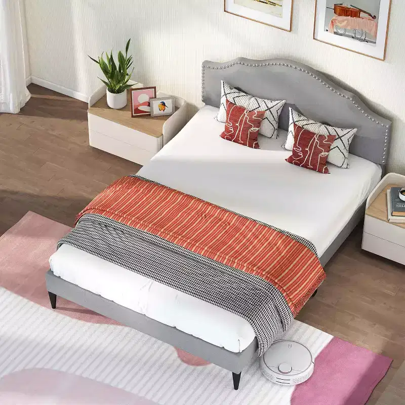 BestMassage Upholstered Platform Bed Frame with Headboard Fabric Mattress Foundation No Box Spring Needed