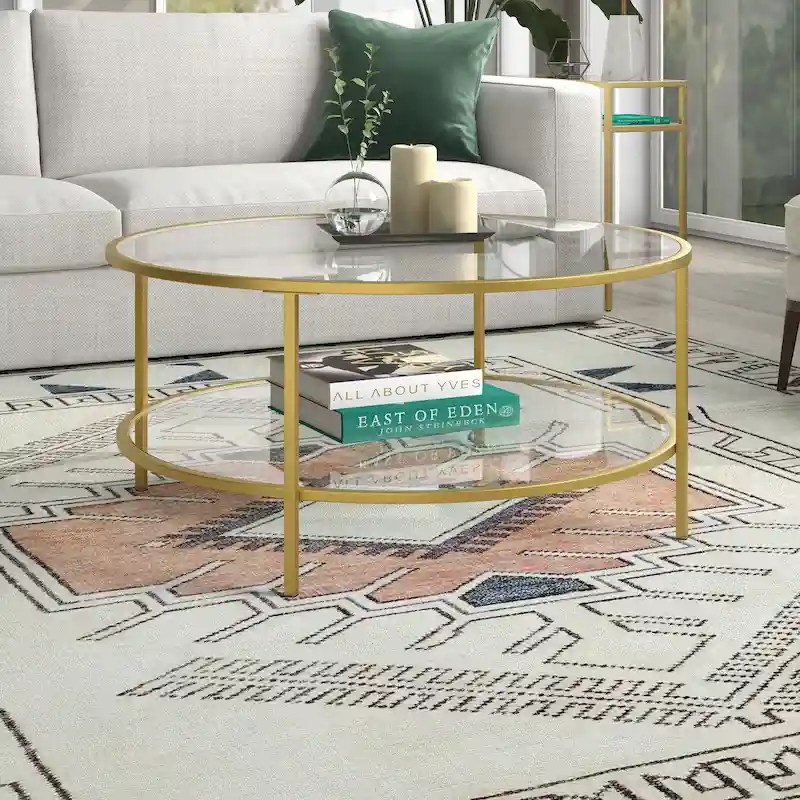 36-inch Round Coffee Table with Glass Top and Lower Shelf
