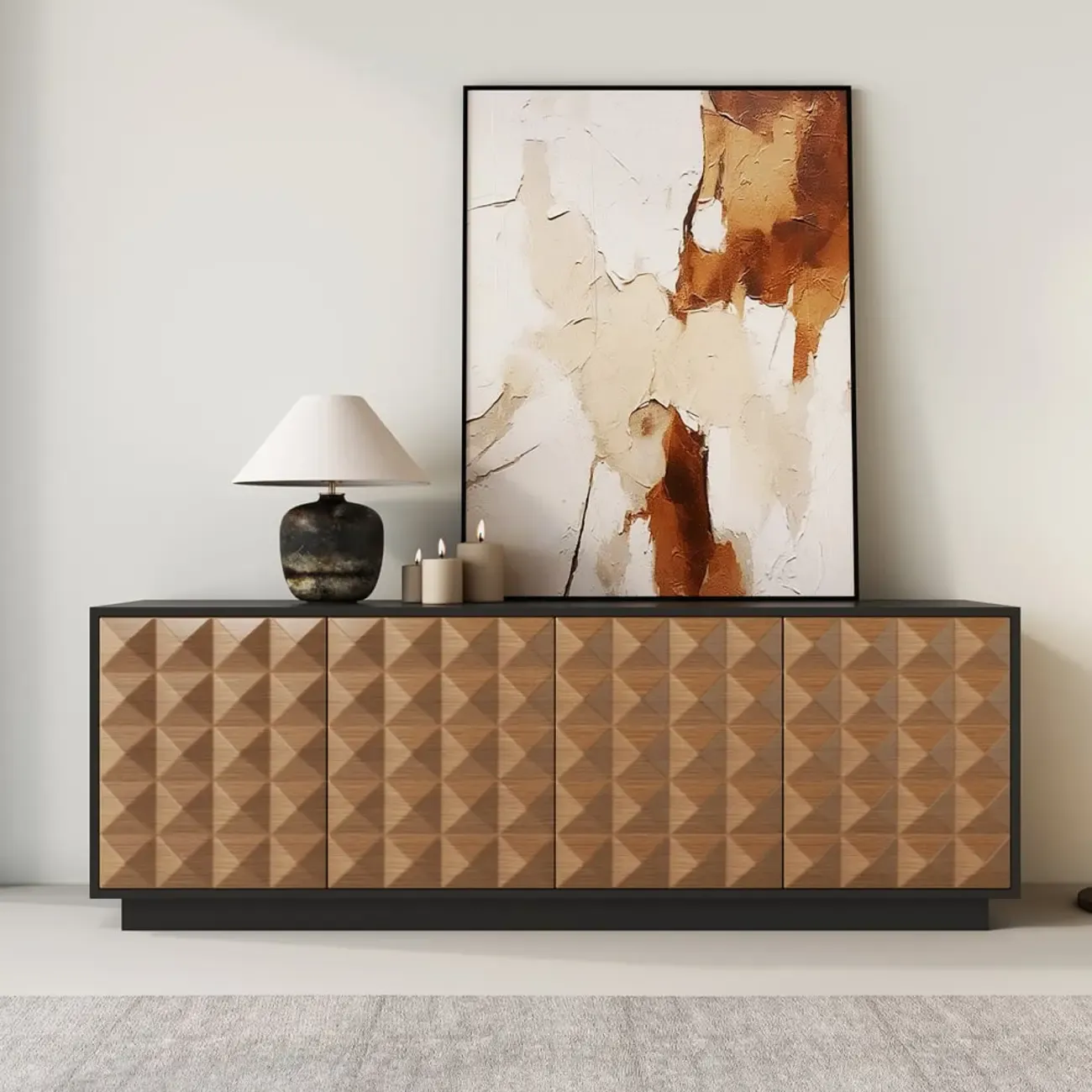 Black & Natural Wooden Fluted Doors TV Stand for 75 Inch TV