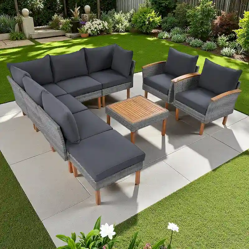 9-Pieces Outdoor PE Rattan Sectional Sofa Set with Acacia Wood Legs and Coffee Table