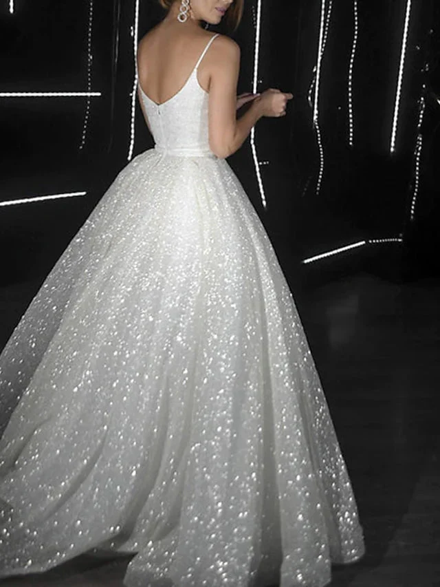 Ball Gown Prom Dresses Glittering Dress Wedding Party Court Train Sleeveless Spaghetti Strap Tulle with Sequin