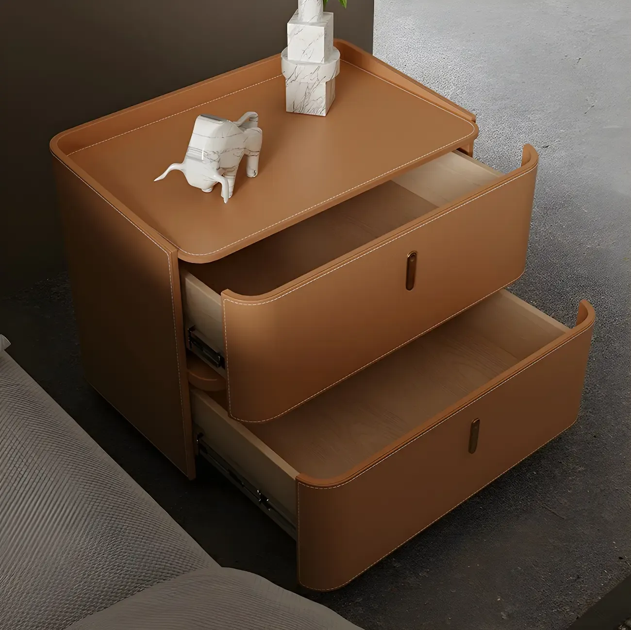 Modern Black Faux Leather Top Wood 2-Drawer Nightstand