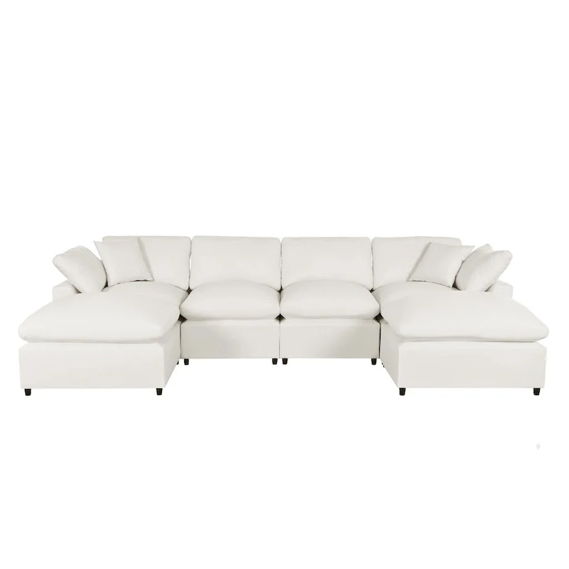 Beige 134.40 Modern U-Shaped 6 Seater Sectional Sofa with 2 Large Chaises, Removable Ottomans and Soft Cushions