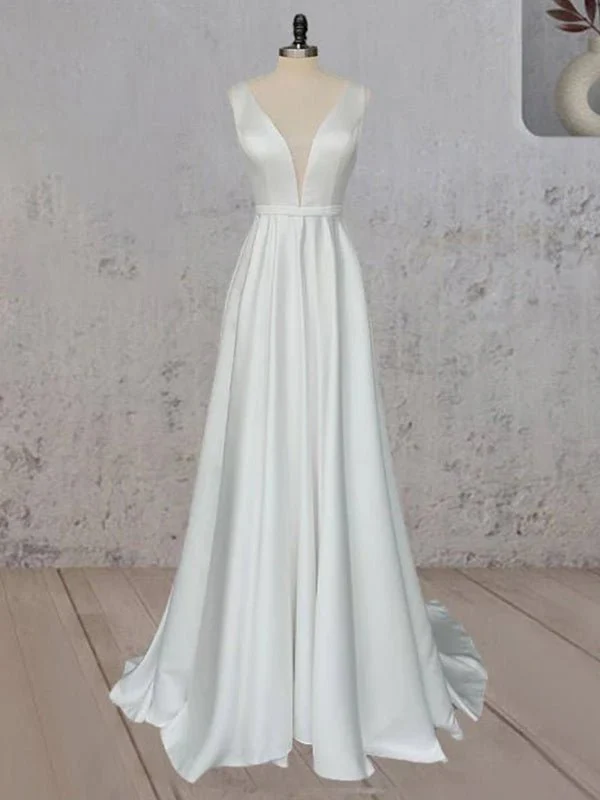 A-Line White Satin Elegant V Neck Wedding Dress