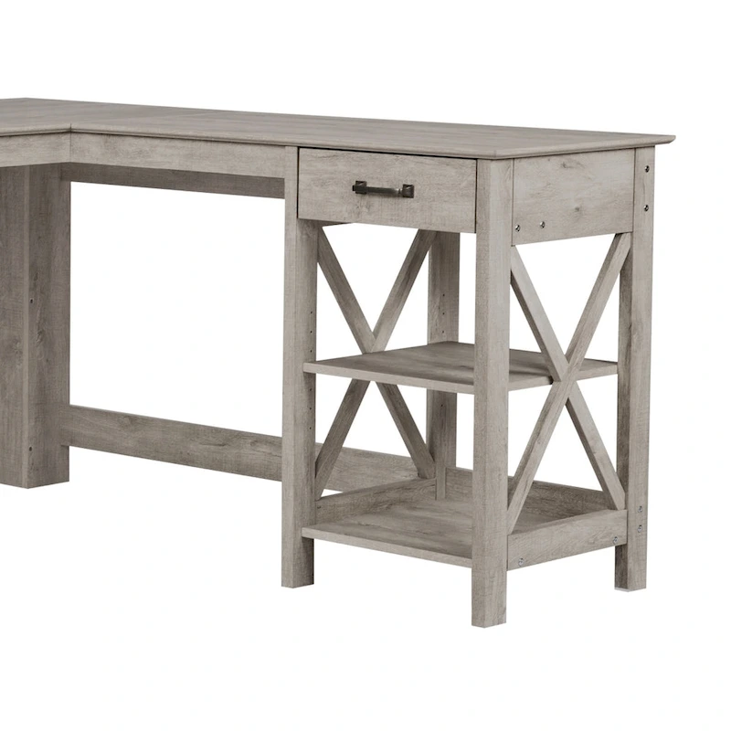 Saint Birch Honduras Washed Gray L-Shape Desk with 1 Drawer and 1 Open Shelf