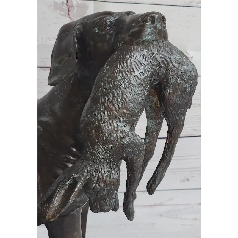 Hunting Dog Retriever W/ Imitative Rabbit In Mouth Bronze Statue Sculpture Figure 16 Inches X 16 Inches