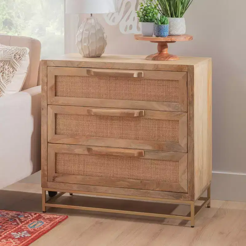 Gordon Transitional 3 Natural Cane Drawers Cabinet with Gold Metal Base - Powell