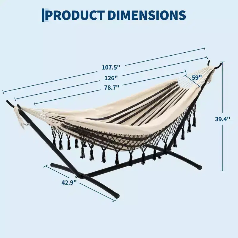 Double Hammock with 9-Foot Stand, 450 lbs Capacity 2-Person Boho Hammock with Tassels, Large Indoor/Outdoor Bed for Backyard, Patio, Garden, or Beach