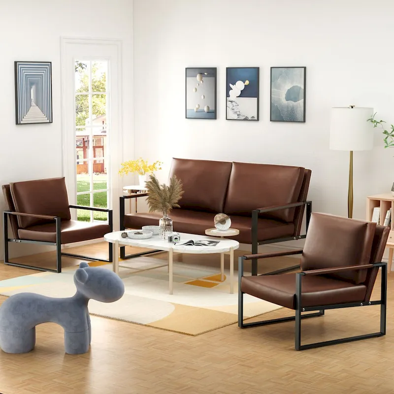 Mieres Mid-Century Style 3-Piece PU Leather Living Room Sofa Set Including 2 Armchairs and 1 Loveseat Sofa