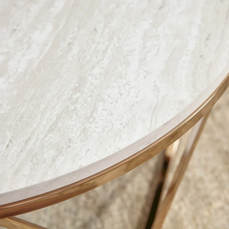 Modern Faux Marble Round Coffee Table with Gold Geometric Base