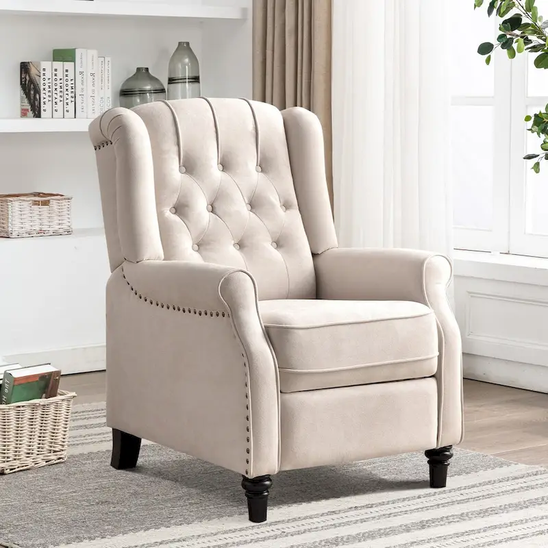 Push Back Recliner with Tufted Back and Wooden Legs