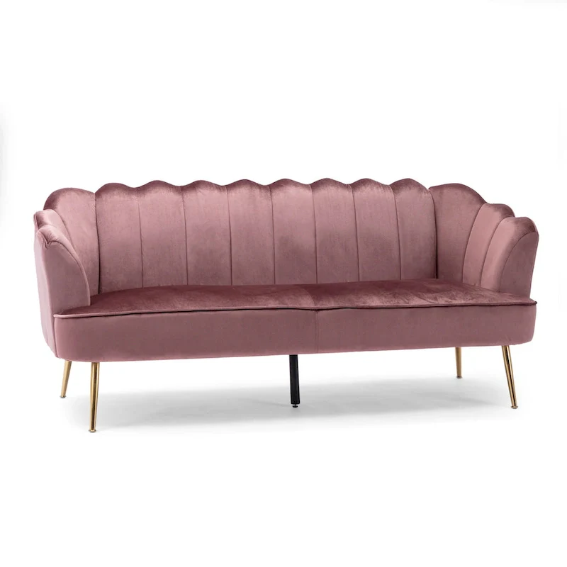 Velvet Channel Stitched 3-Seater Sofa with Gold Metal Legs