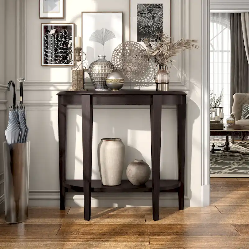 Half-Moon Console Table with Bottom Shelf | Cappuccino / White Pure / Sage Green | 1-Person Assembly