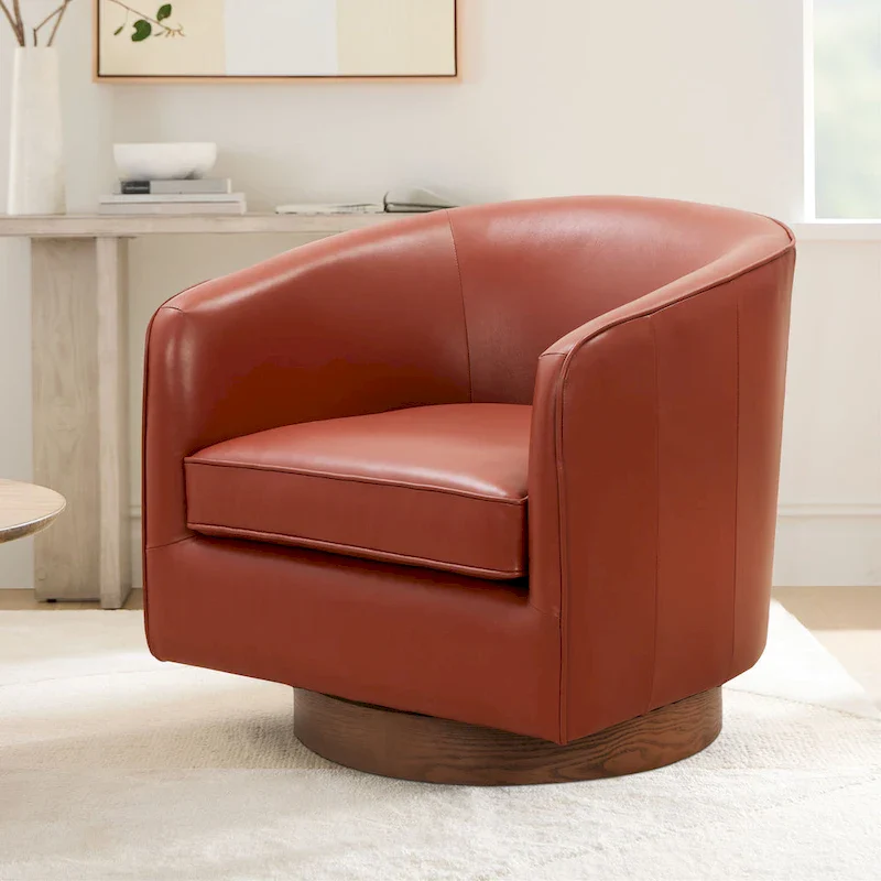 Tito Top Grain Leather Wood Base Swivel Chair by