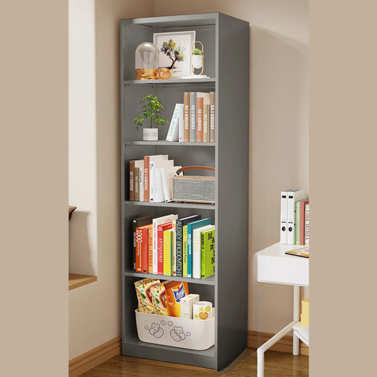 Narrow White Wooden Closed Back Tall Bookshelves