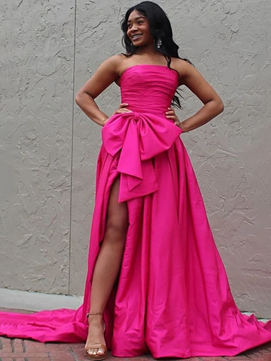 A-line Strapless Taffeta Long Prom Dress With Slit