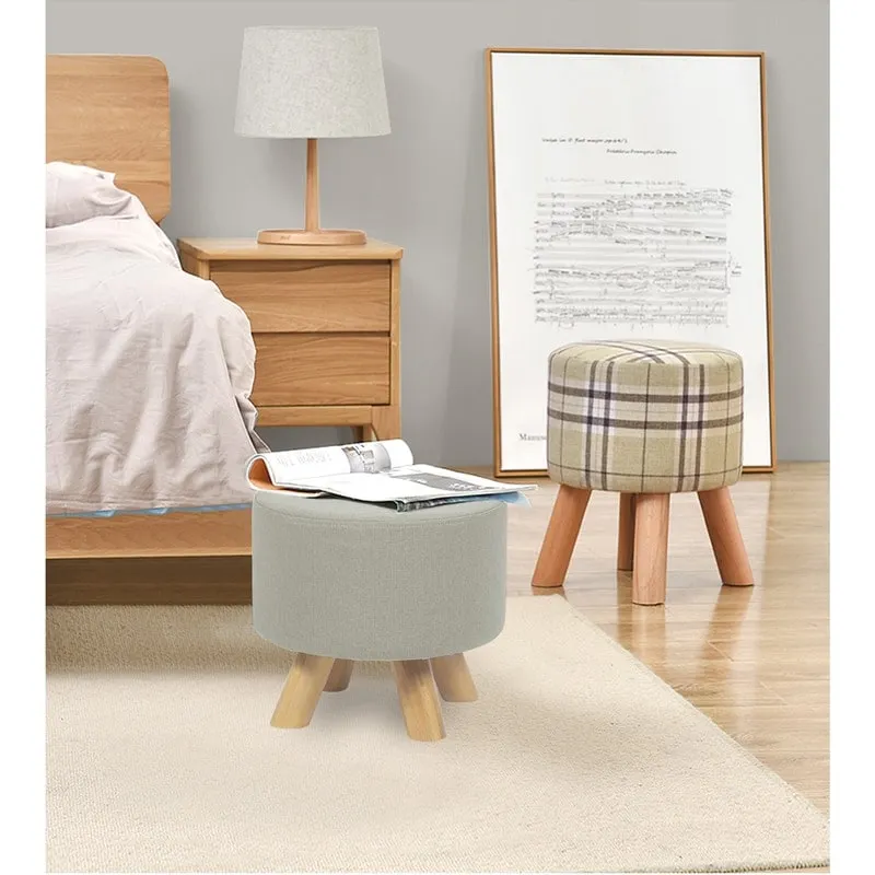 Round Ottoman Footrest Pouf – Linen Fabric, Solid Wood Legs, Multiple Colors, 1-Person