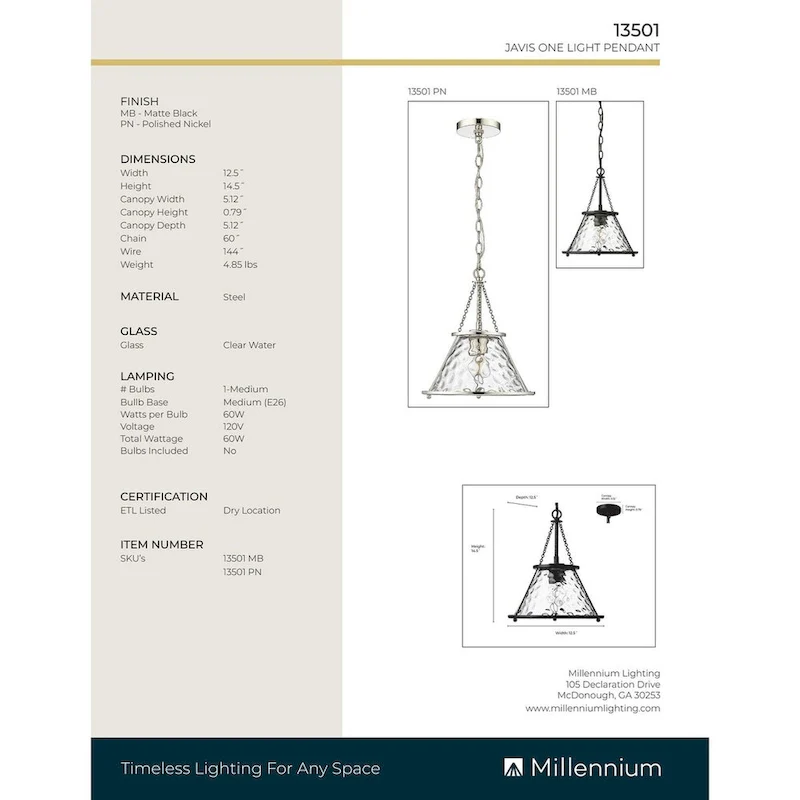 Millennium Lighting Javis 1 Light Pendant Fixture