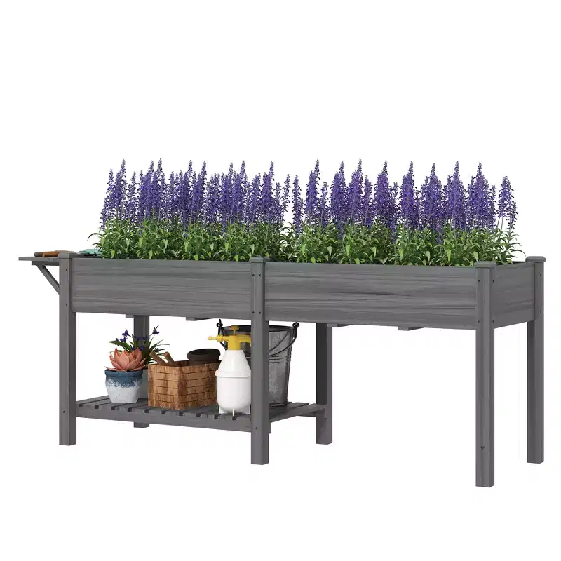 Outsunny Raised Garden Bed, Wood Elevated Planter Box with Side Table, Bottom Shelf, Bed Liners and Drainage Holes