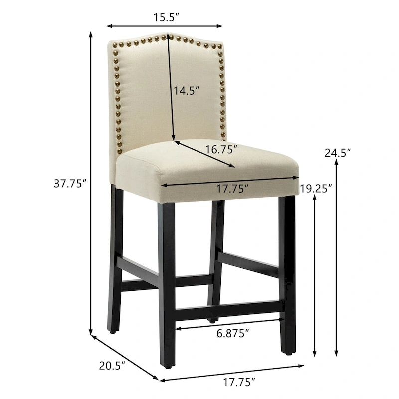 24 Inches Fabric Upholstered Nailhead Trim Counter Height Bar stools with Back Set of 2