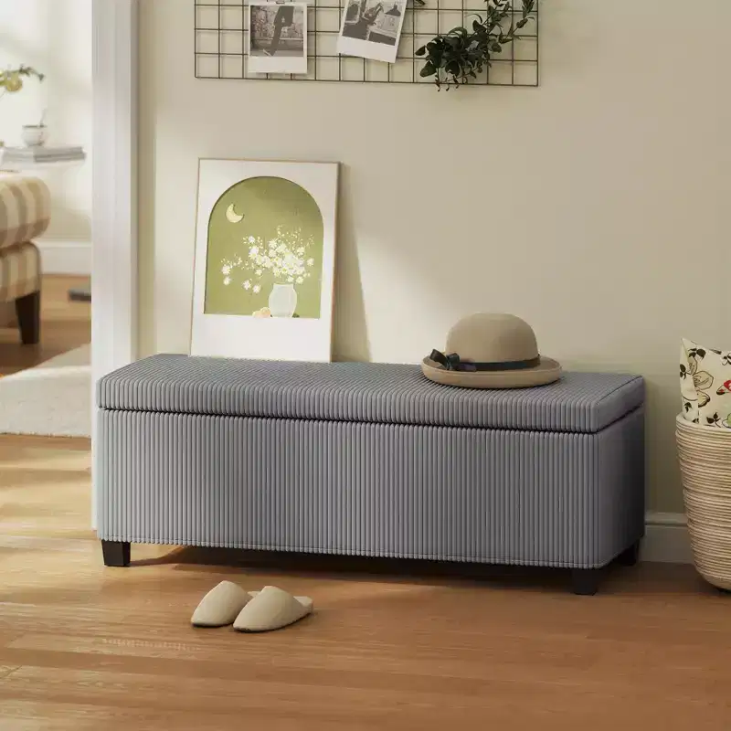 HOMCOM 44 Inches Storage Ottoman Bench, Corduroy End of Bed Foot Rest with Lid, Legs, Storage Chest for Living Room, Bedroom, Entryway, Gray