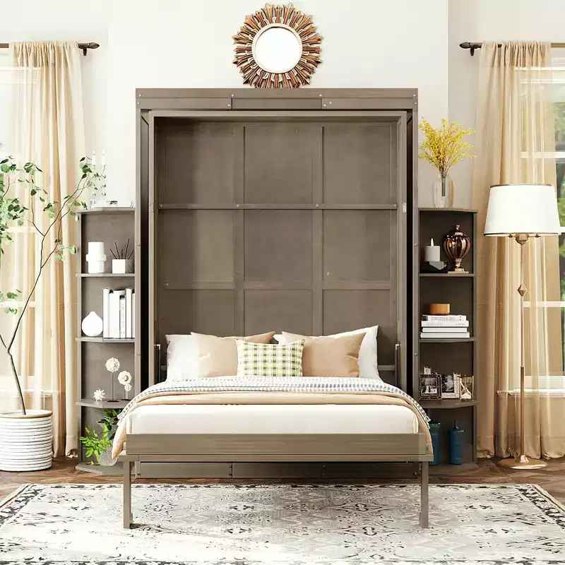 GDFStudio Murray Full Size Murphy Bed with Hidden Wall Cabinet, Dual 3-Tier Side Shelves, Convertible Desk