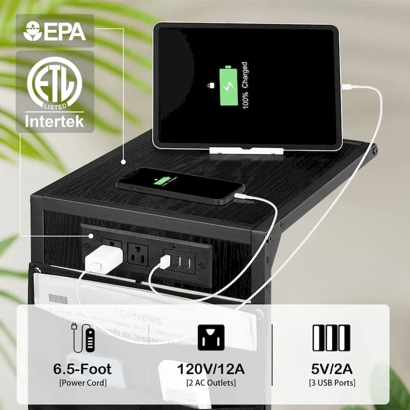 C Shaped End Table with Charging Station, Set of 2