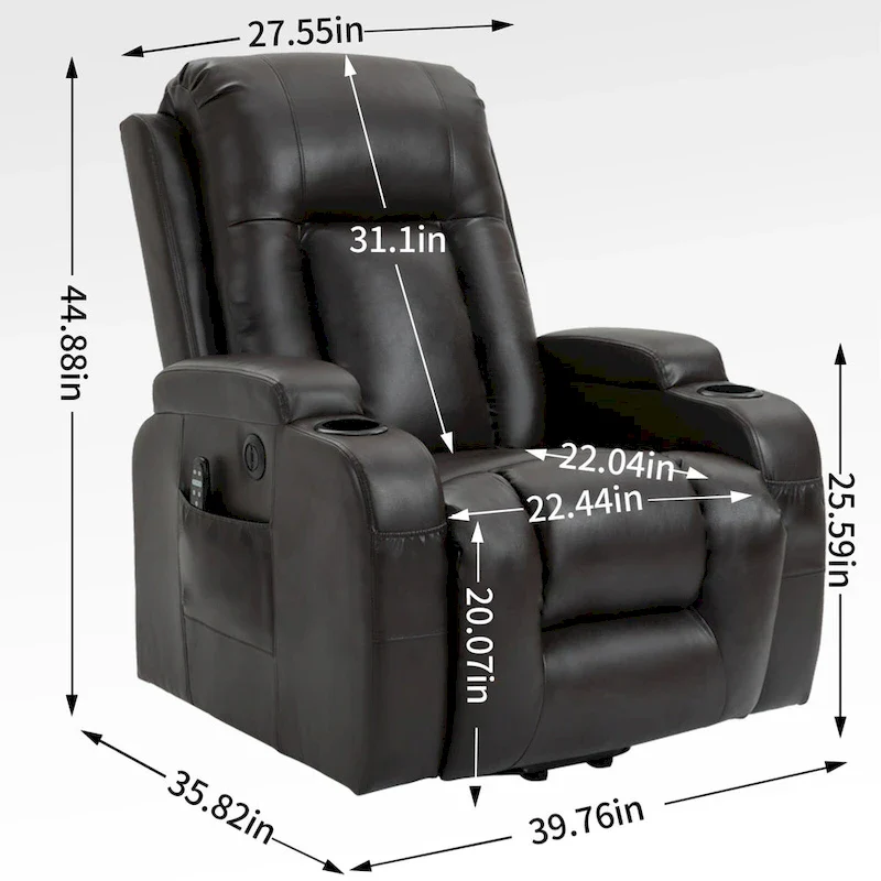 Power Lift Recliner with Massage, Heat and Cup Holders – Black / Brown, Single